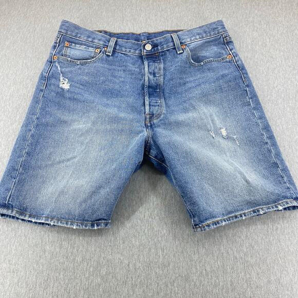 Levis 501 Shorts Mens 36 Blue Straight 9" Bermuda Button-Fly Jorts Distressed - Picture 2 of 11